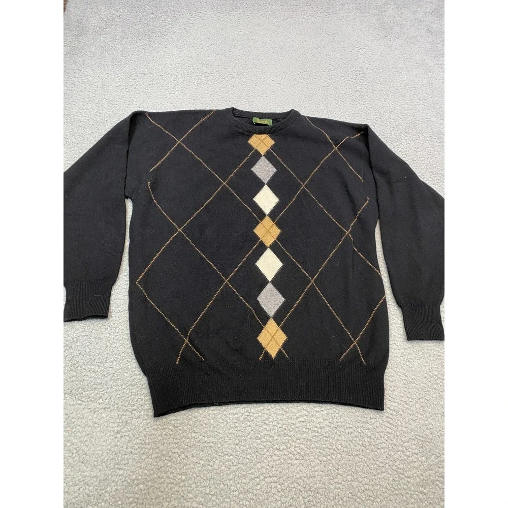 Harrods Knightsbridge Sweater Mens Medium Black Knit Wool Argyle Preppy Academia